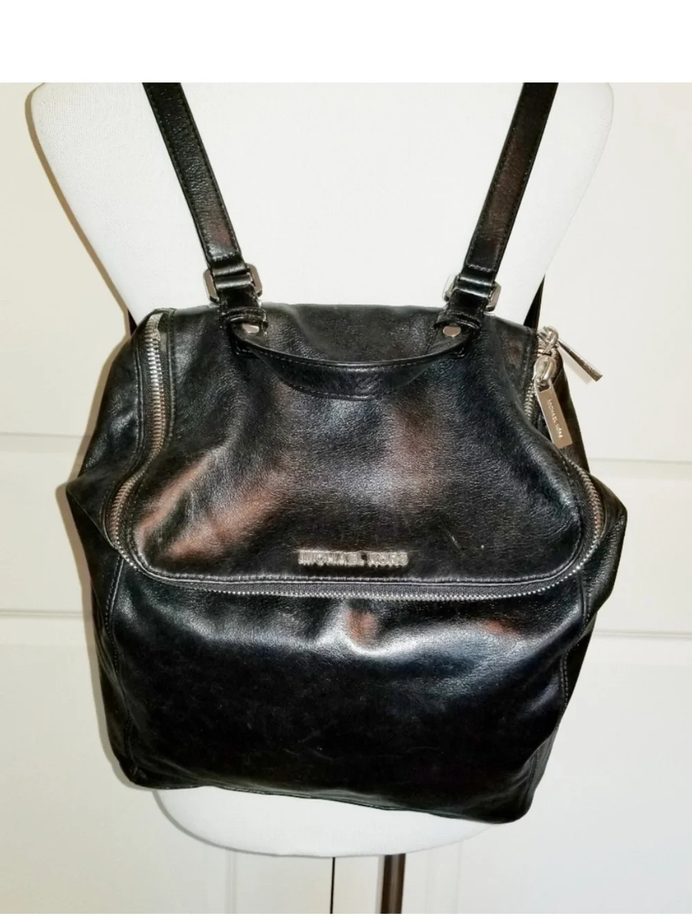 Michael Kors Shiny Black Leather Backpack with Silver Logo